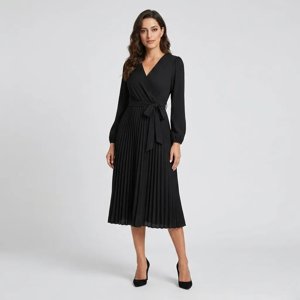 Vestido midi fluido em mistura de viscose | Cintura marcada | Elegância intemporal