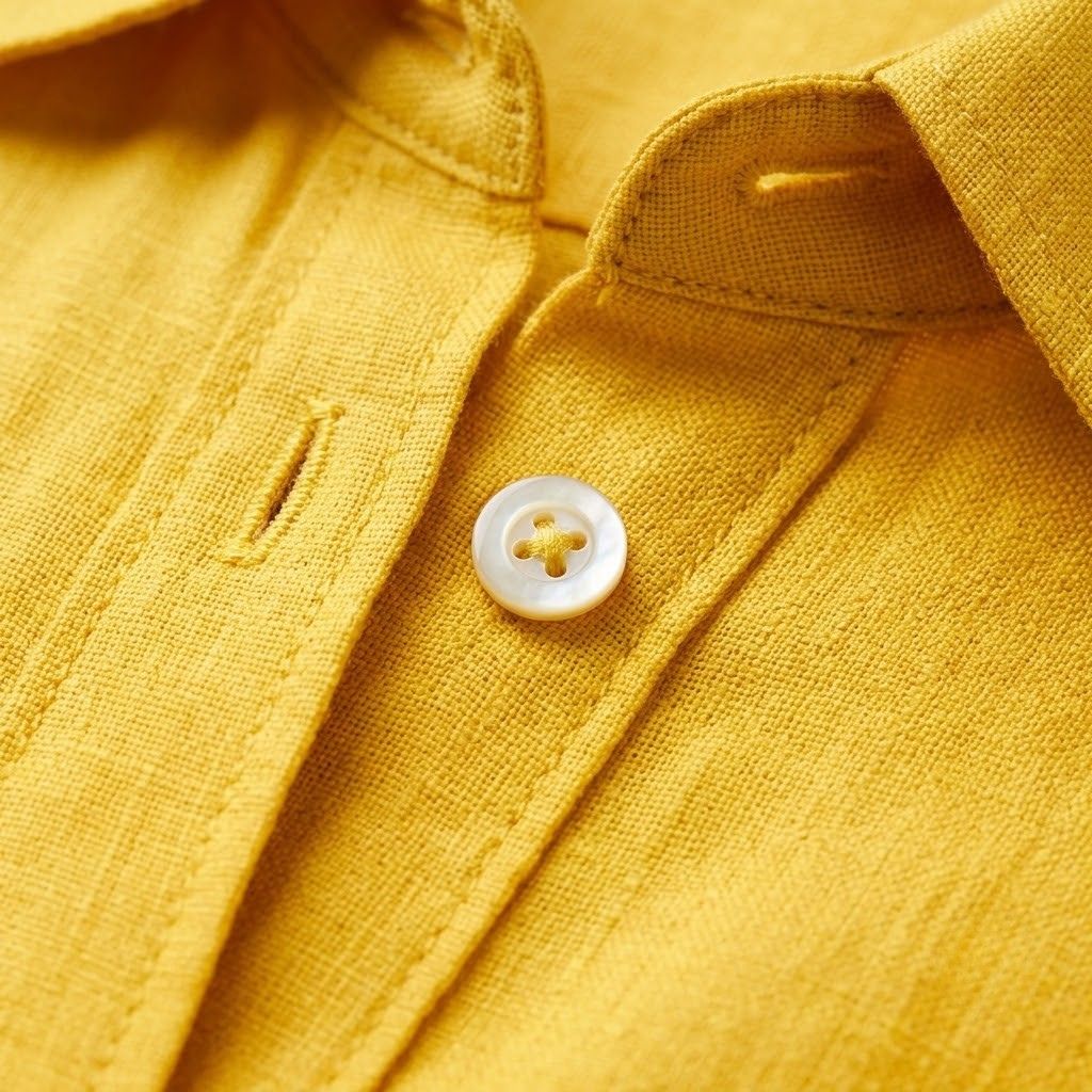 Detalhe de blusa feminina em linho amarelo com gola clássica e botão frontal branco.