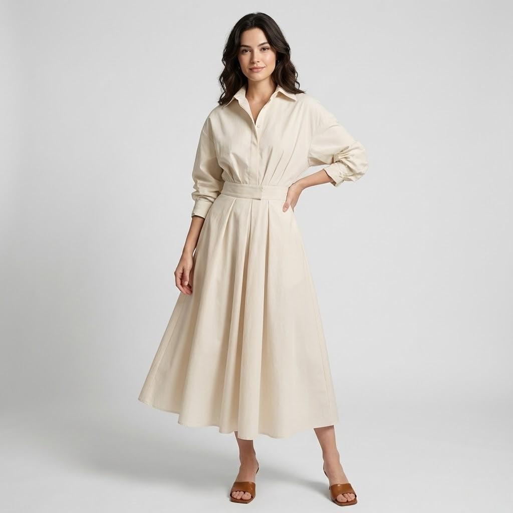 Vestido midi em algodão suave | Corte evasé | Elegância intemporal