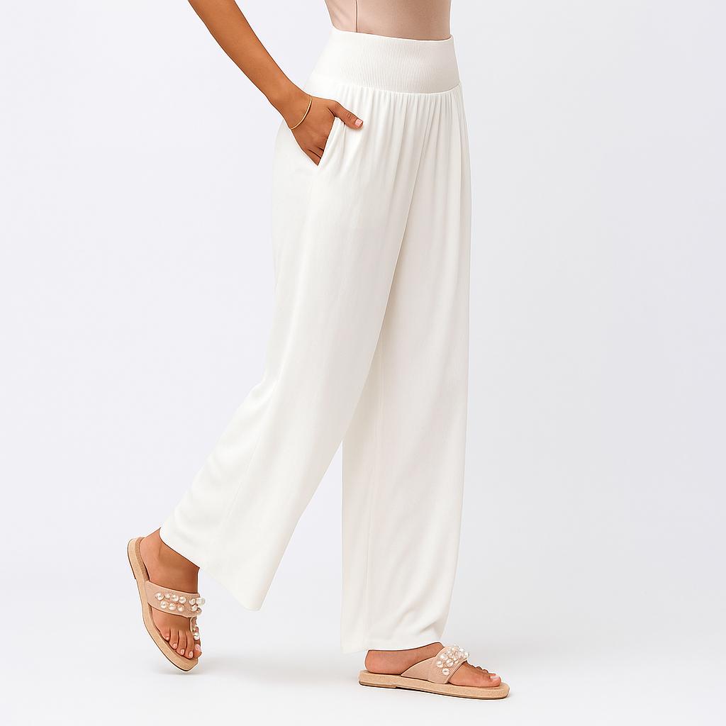 Calças largas em linho com cintura elástica