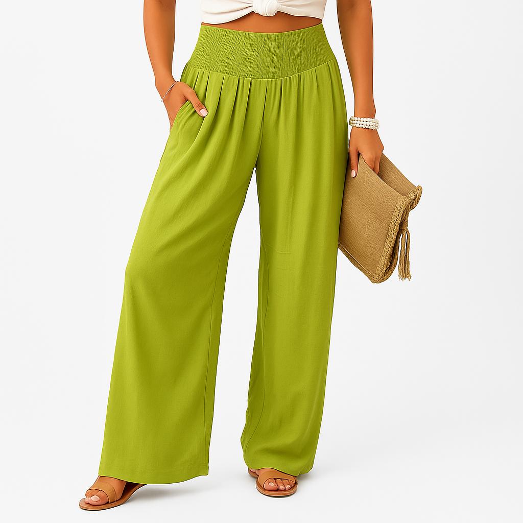 Calças largas em linho com cintura elástica