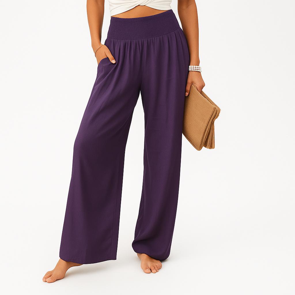 Calças largas em linho com cintura elástica