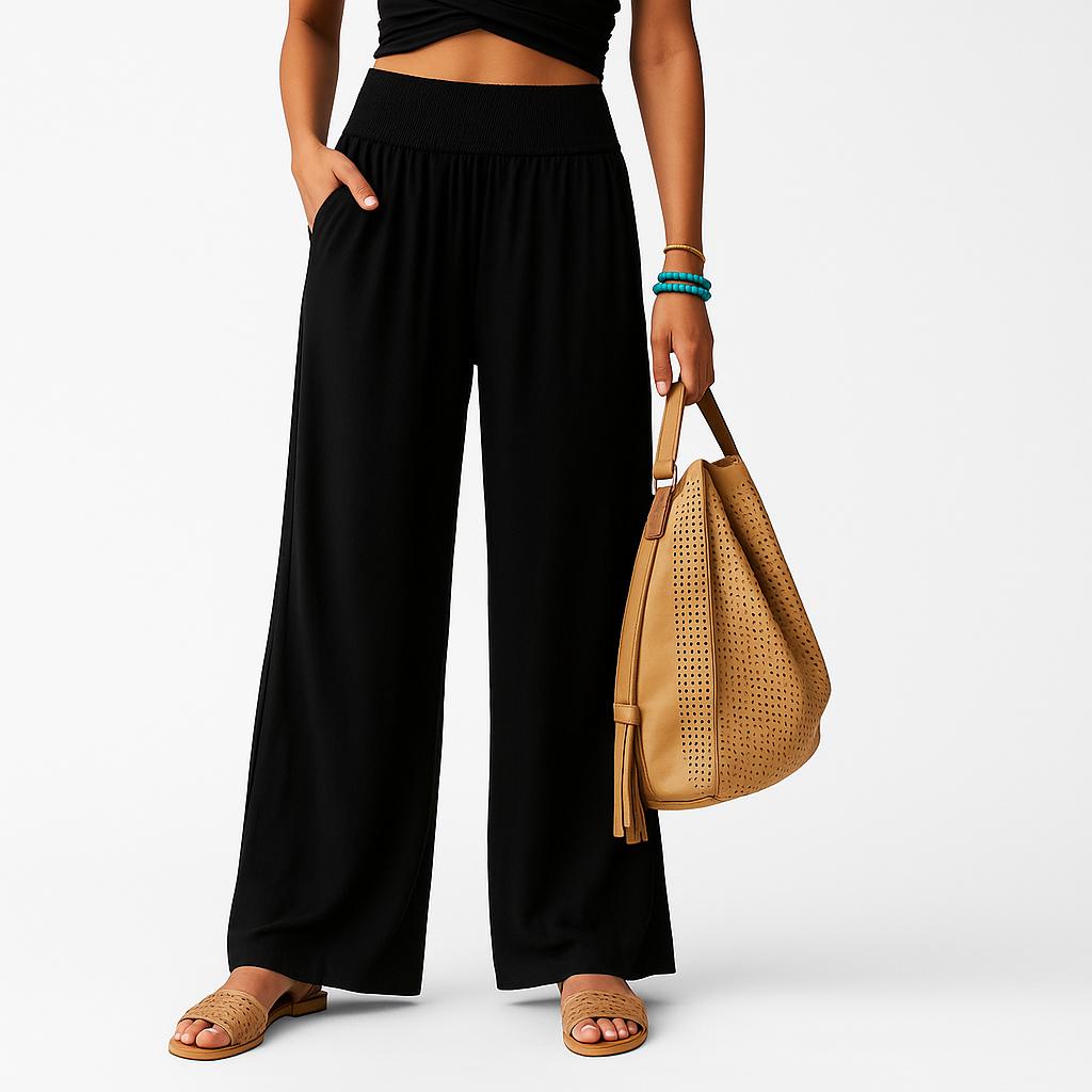 Calças largas em linho com cintura elástica