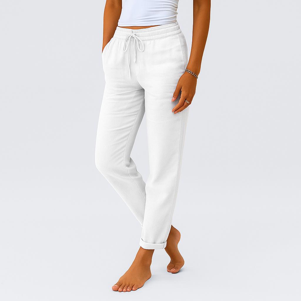 Calças leves em linho com cordão na cintura