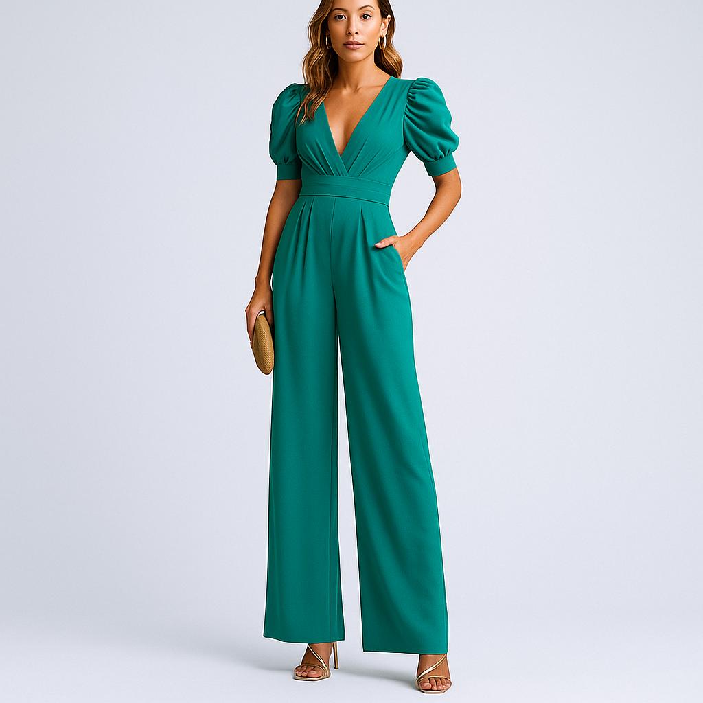 Macacão feminino longo com mangas bufantes e corte fluido