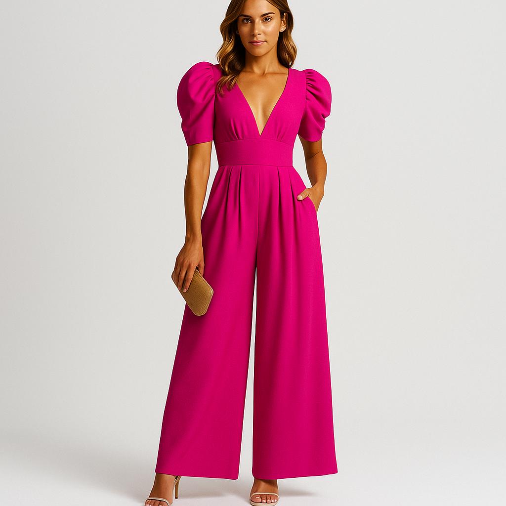 Macacão feminino longo com mangas bufantes e corte fluido