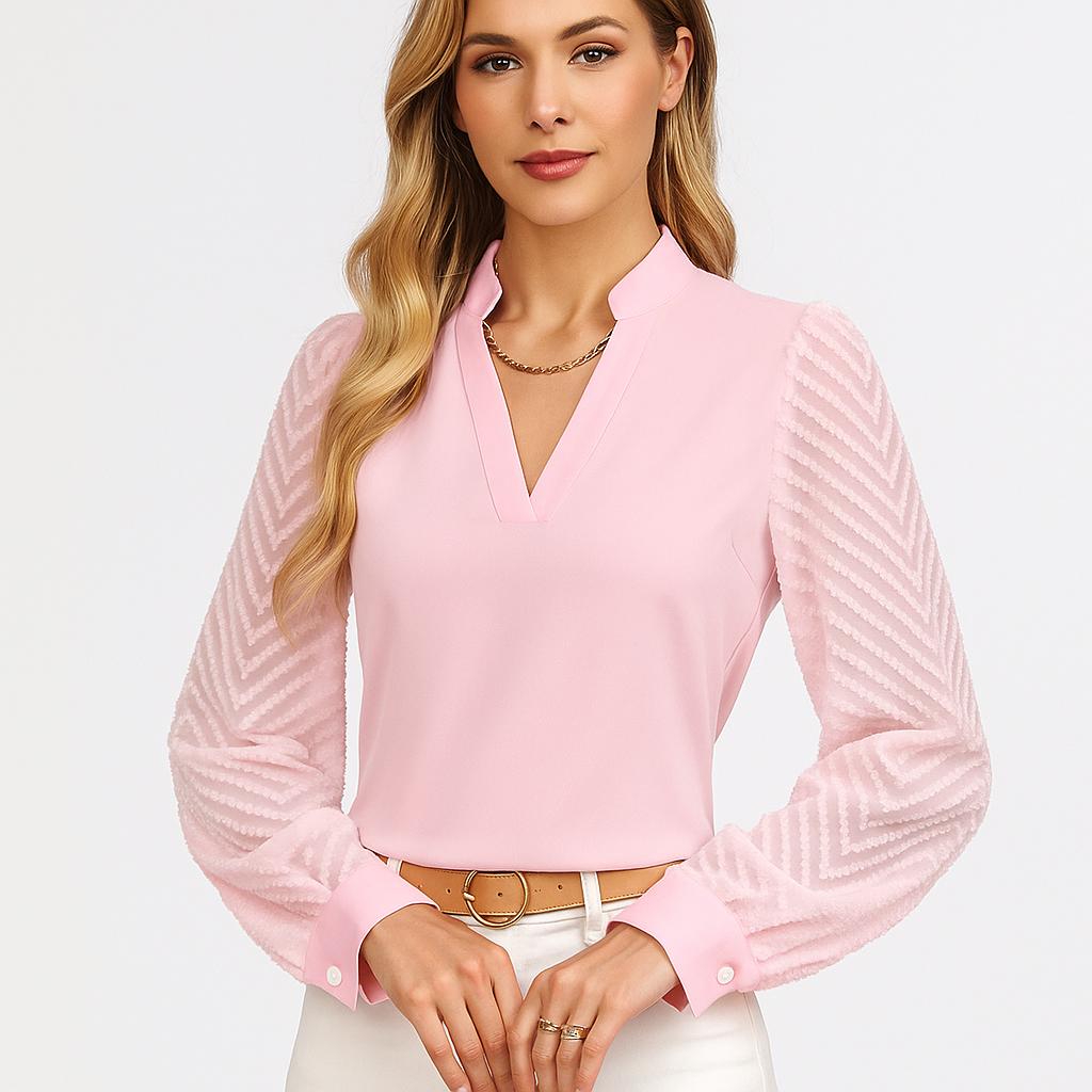 Blusa elegante com mangas texturadas e decote em V