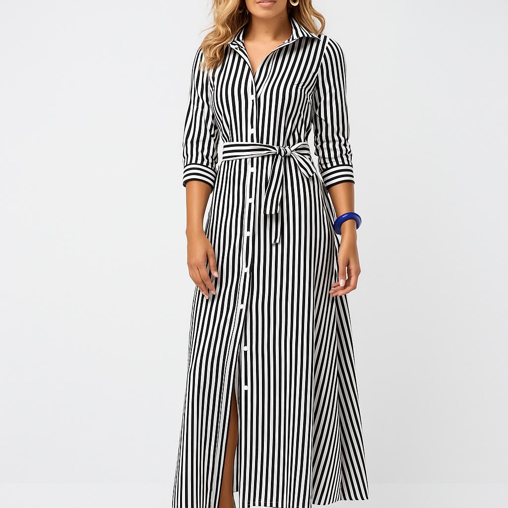 Vestido camiseiro comprido em riscas com cinto ajustável