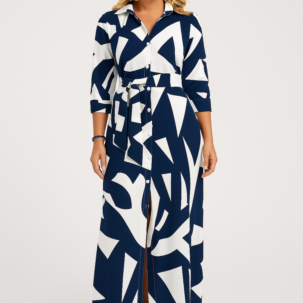 Vestido camiseiro comprido em riscas com cinto ajustável