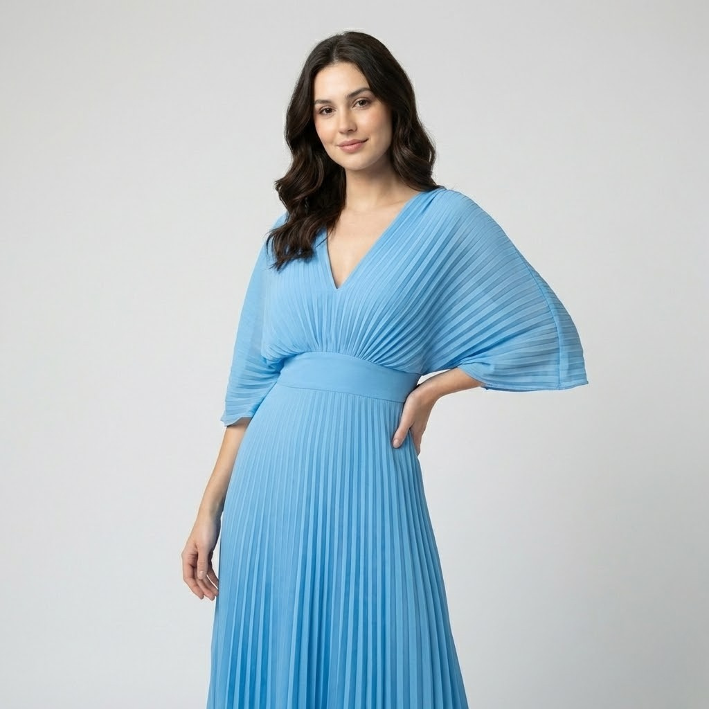 Vestido maxi plissado em mistura de viscose | Decote em V | Elegância luminosa