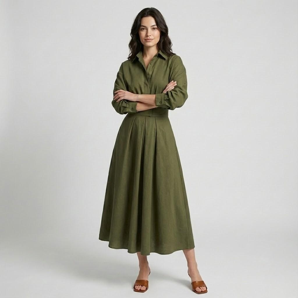 Vestido midi em algodão suave | Corte evasé | Elegância intemporal