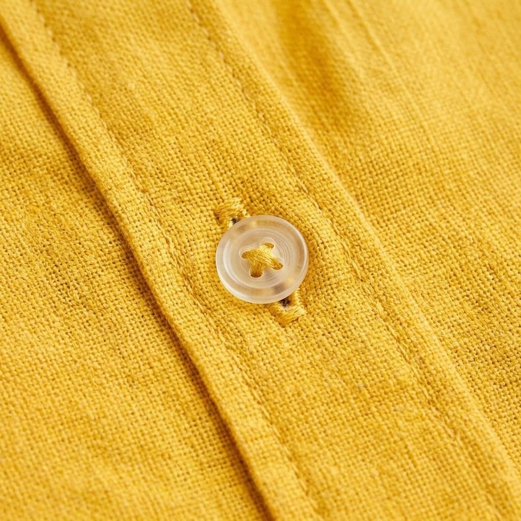 Detalhe de blusa feminina em linho amarelo com textura natural e botão frontal transparente.