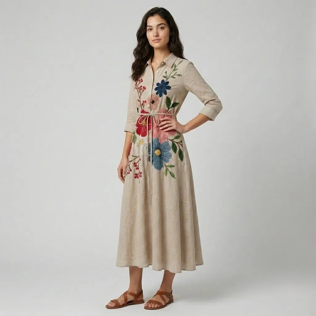 Vestido Midi Bordado Floral | Corte Evasé | Linho e Algodão
