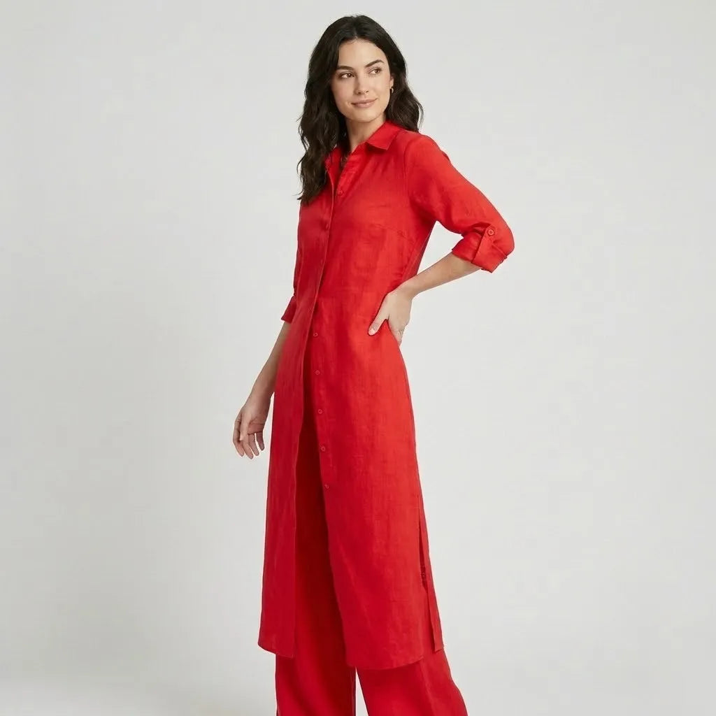 Conjunto fluido em mistura natural | Camisa longa e calças largas | Elegância leve e intemporal