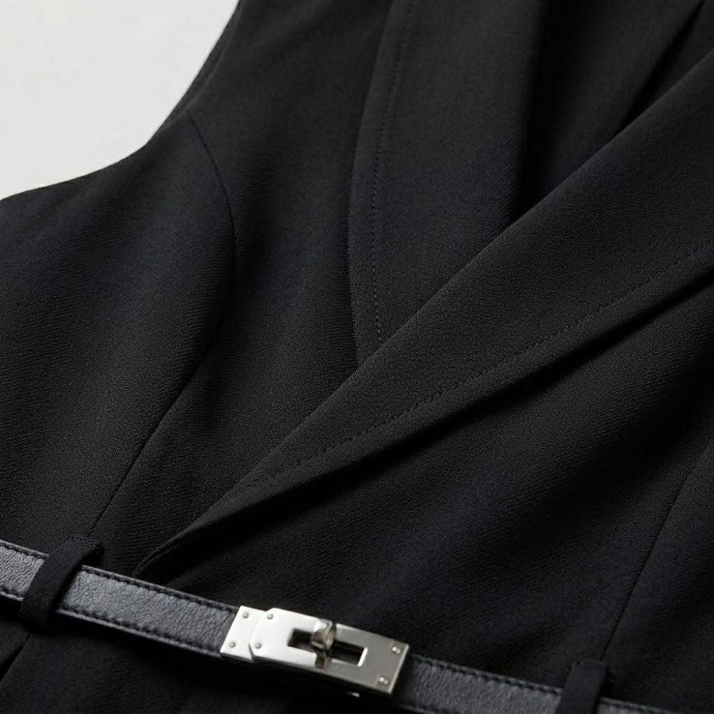 Macacão feminino preto sem mangas com decote em V, estilo alfaiataria e cinto integrado com fivela metálica.