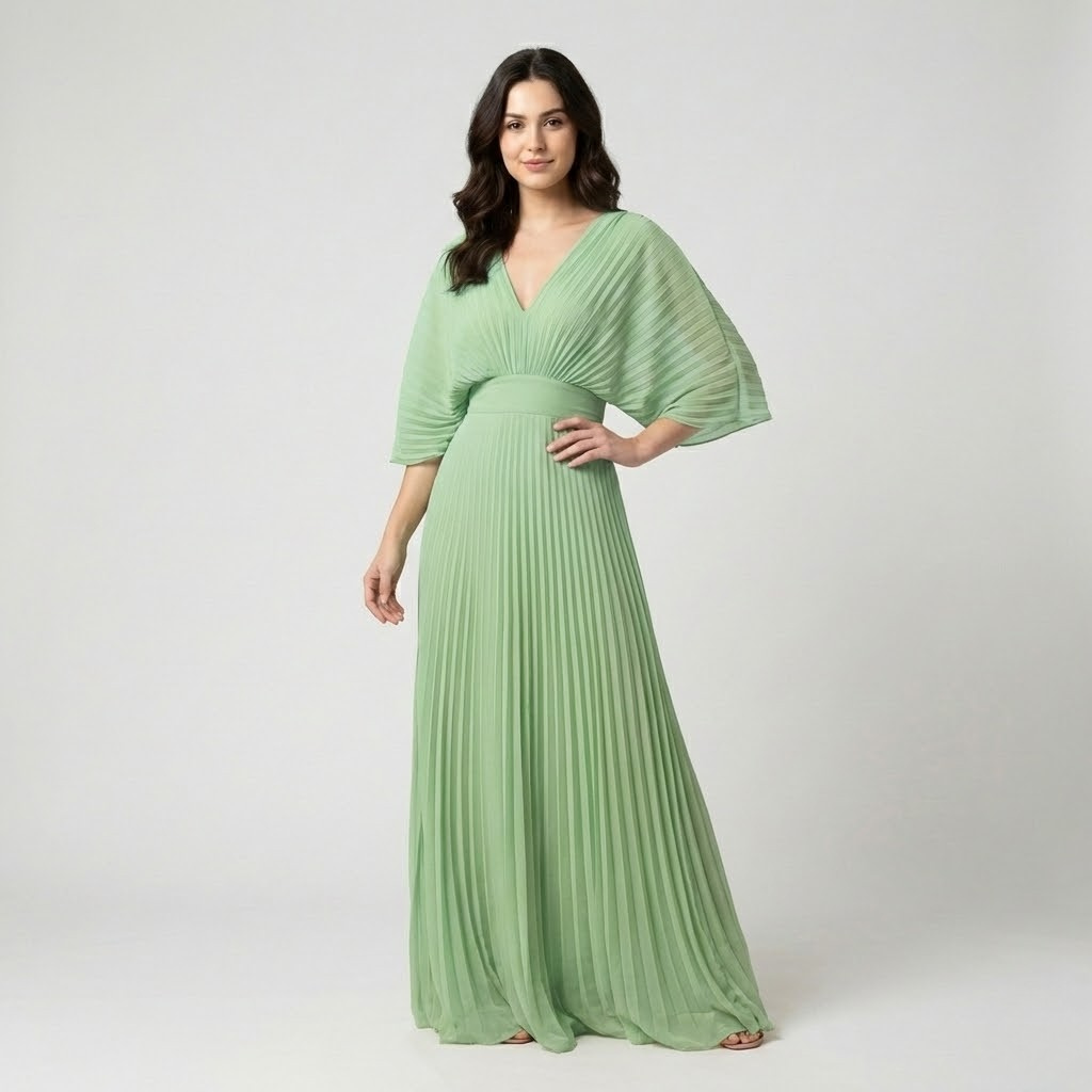 Vestido maxi plissado em mistura de viscose | Decote em V | Elegância luminosa