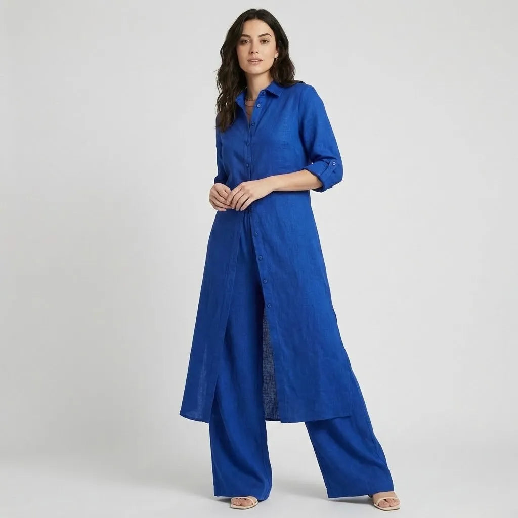 Conjunto fluido em mistura natural | Camisa longa e calças largas | Elegância leve e intemporal