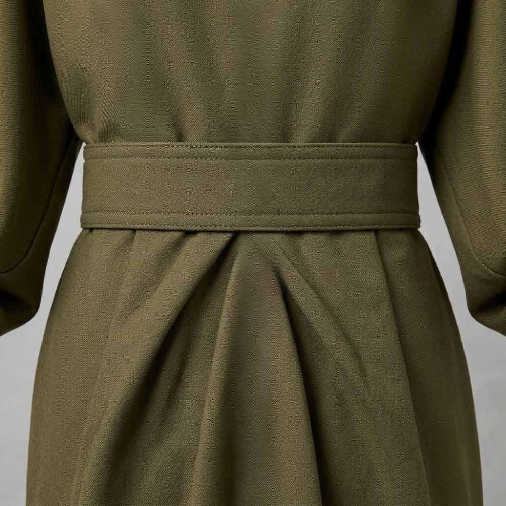 Vestido midi verde-azeitona com cinto integrado e mangas amplas em tecido estruturado de toque suave.