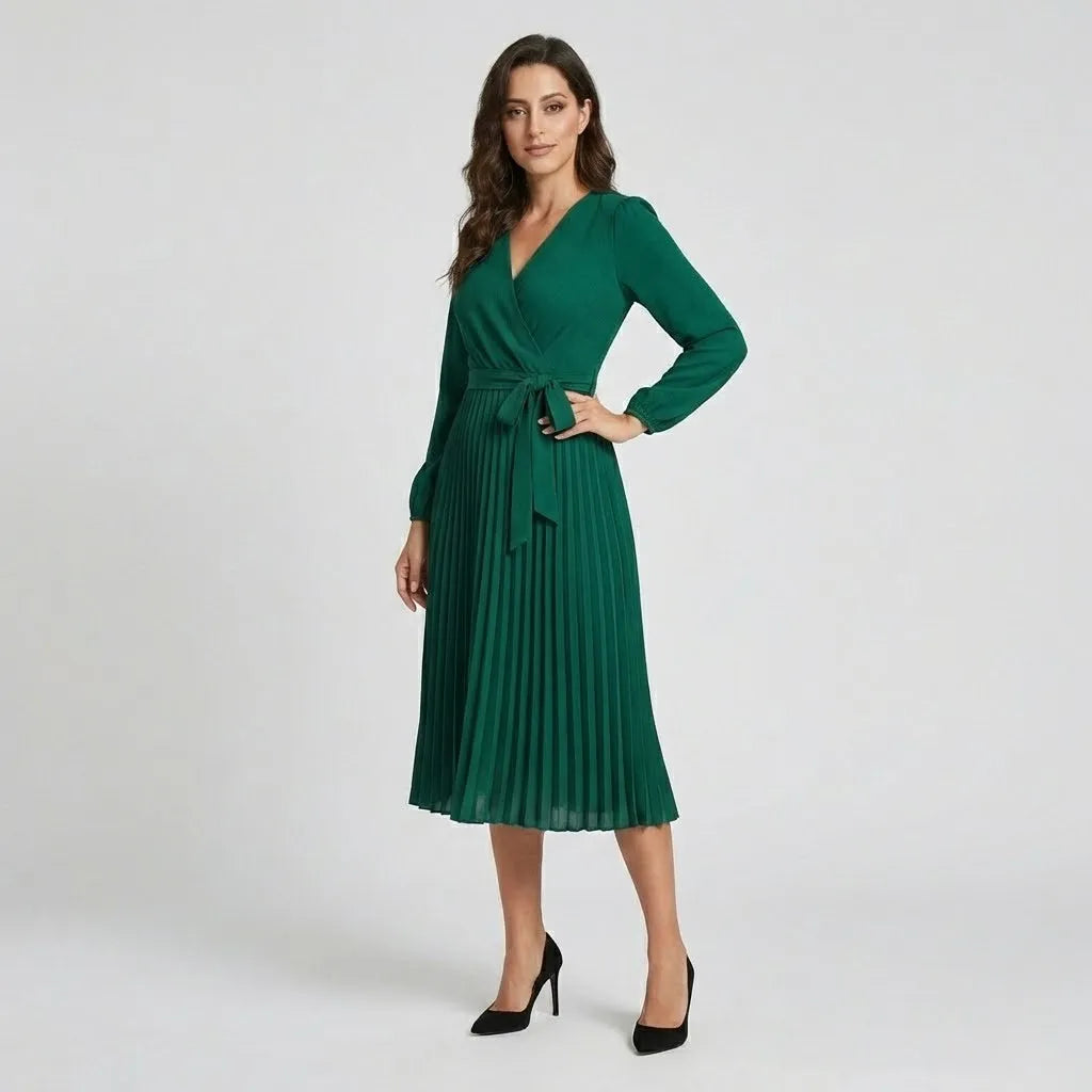 Vestido midi fluido em mistura de viscose | Cintura marcada | Elegância intemporal