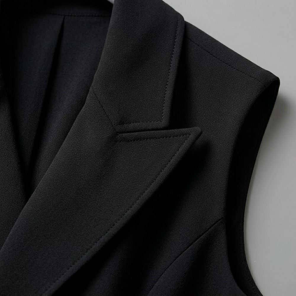 Detalhe de macacão feminino preto sem mangas com lapela estilo alfaiataria em tecido estruturado.