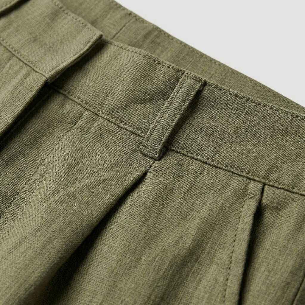 Calções femininos verde-azeitona em mistura de linho com cintura subida, pregas frontais e presilhas para cinto.