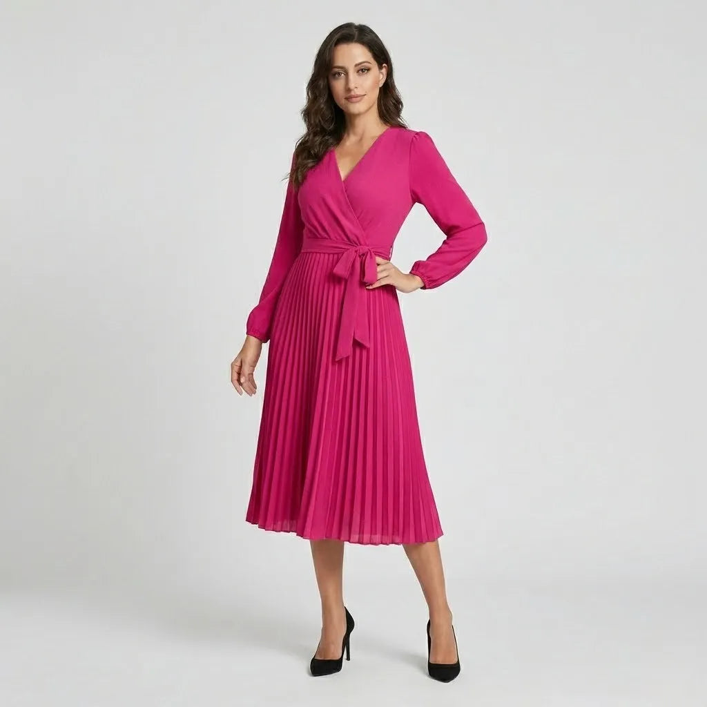 Vestido midi fluido em mistura de viscose | Cintura marcada | Elegância intemporal