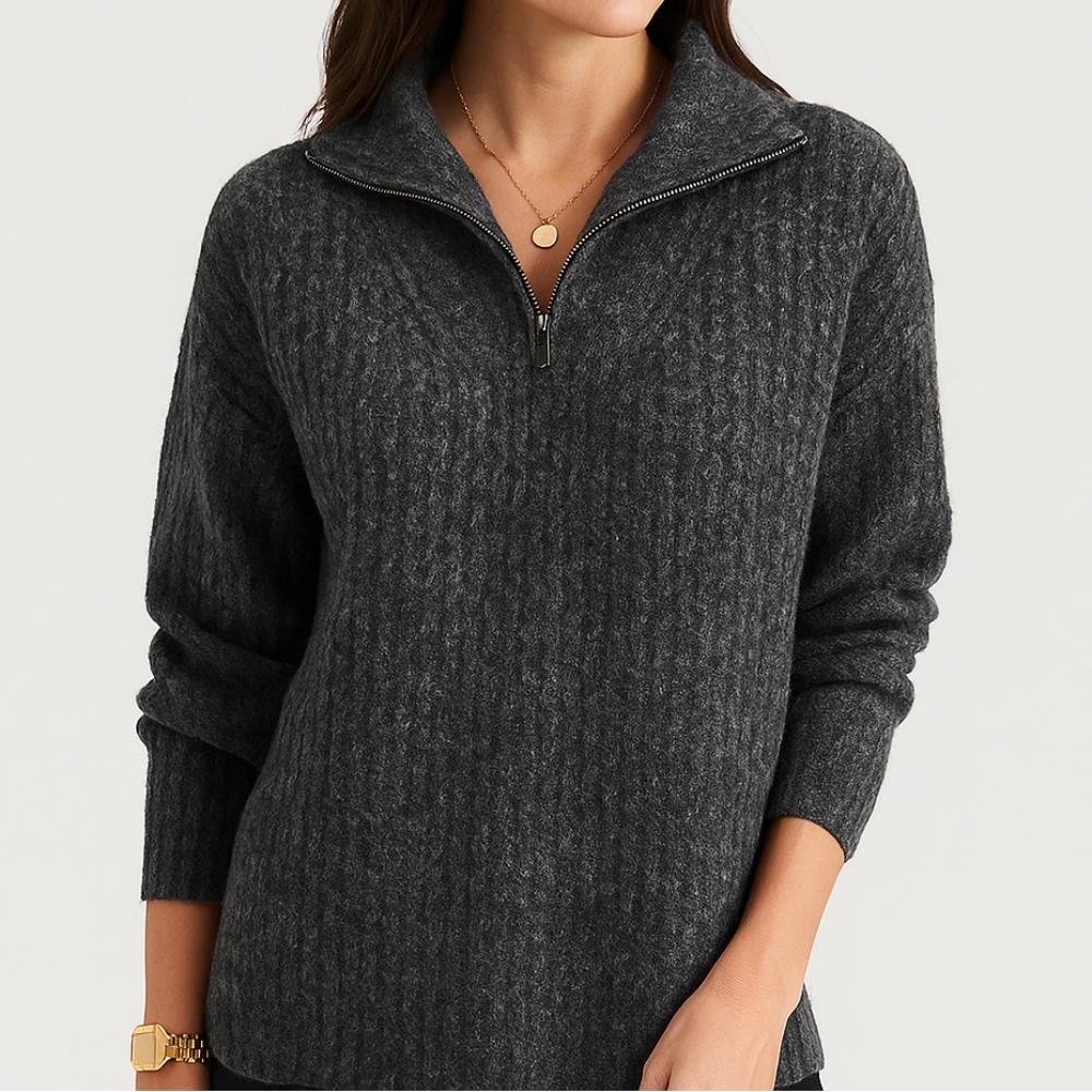 Camisola de malha com meia gola e fecho curto para senhora