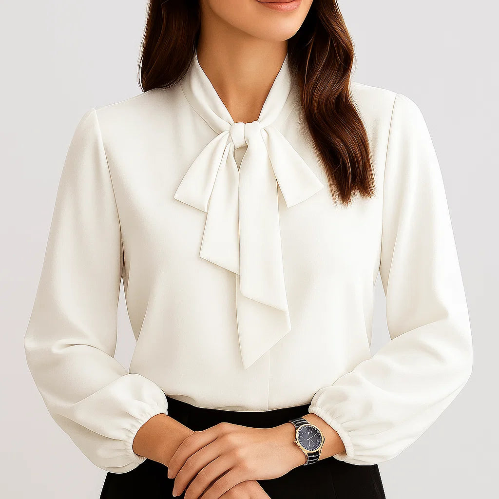 Blusa feminina elegante com laço no decote e manga comprida
