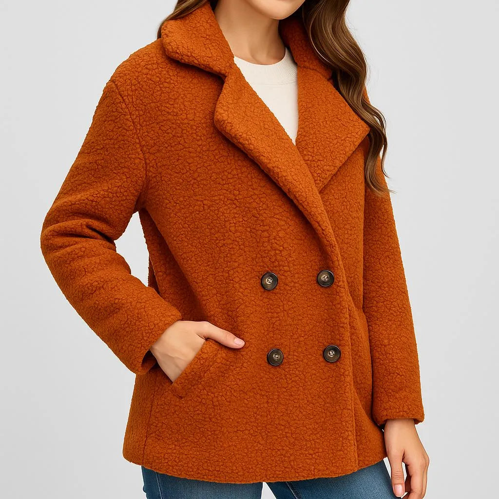 Casaco curto feminino de inverno em tecido felpudo cor ferrugem com lapelas e botões duplos frontais.