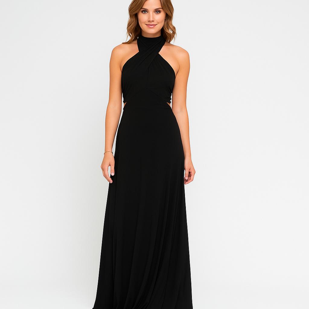 Vestido comprido fluido com decote halter e efeito drapeado