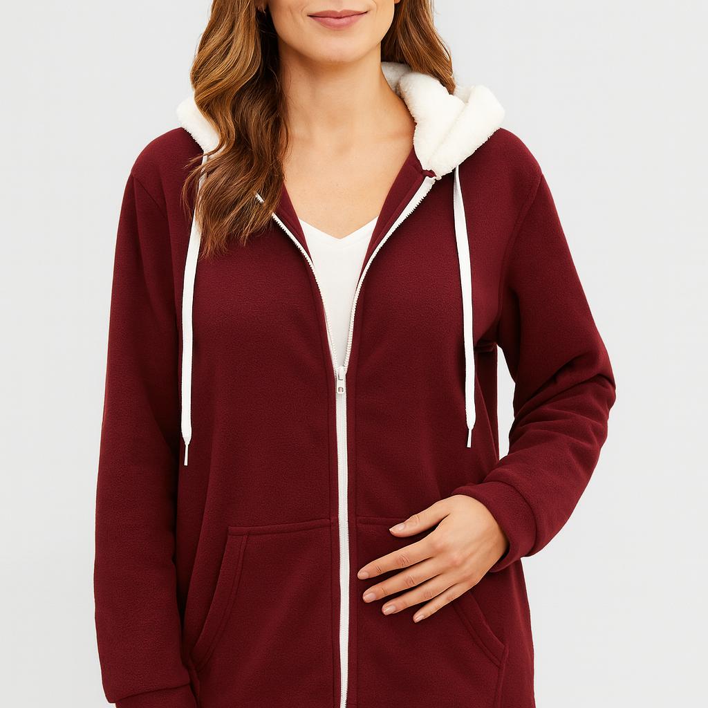 Casaco feminino em fleece com capuz e fecho frontal