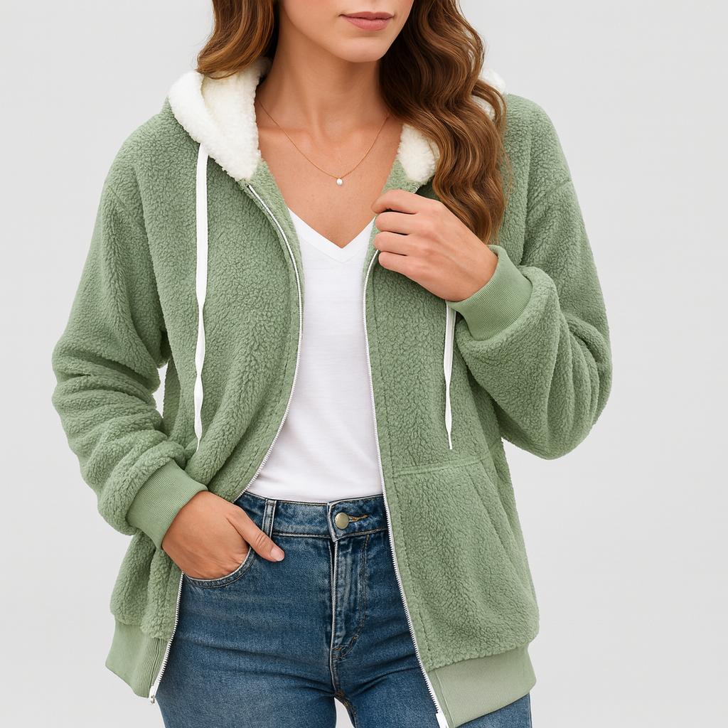 Casaco feminino em fleece com capuz e fecho frontal