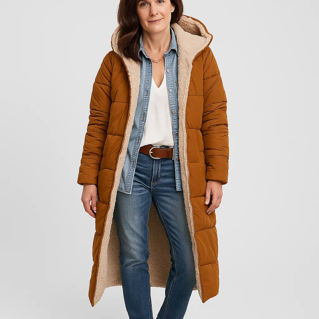 Casaco comprido acolchoado com capuz e forro quente