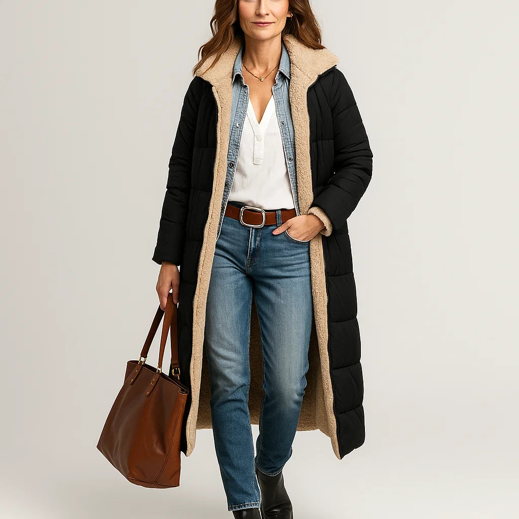 Casaco comprido acolchoado com capuz e forro quente