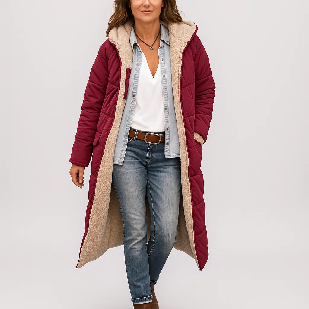 Casaco comprido acolchoado com capuz e forro quente