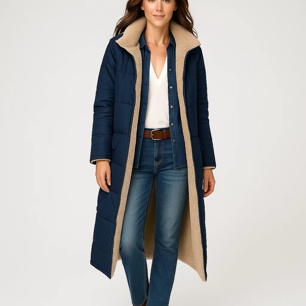 Casaco comprido acolchoado com capuz e forro quente