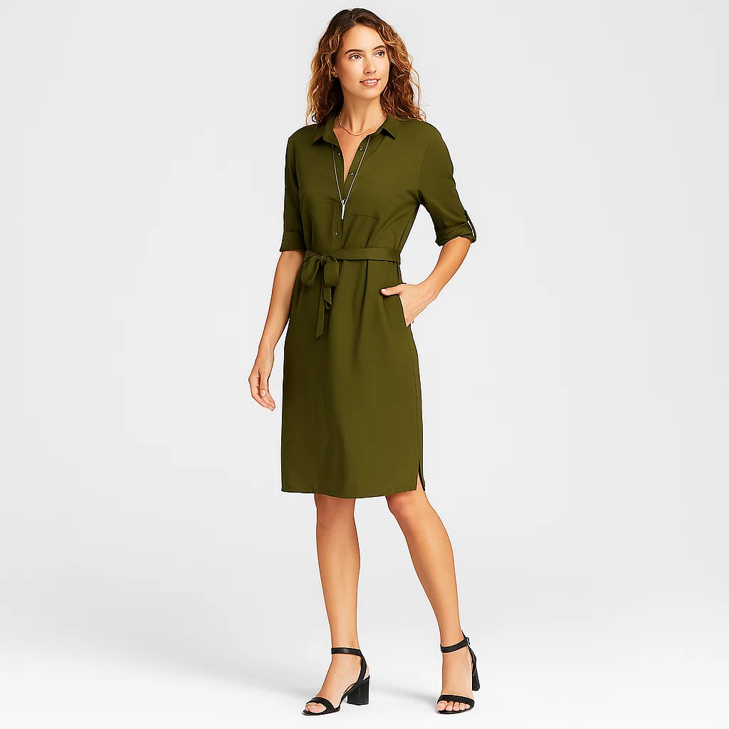 Vestido camiseiro midi com laço e decote em V