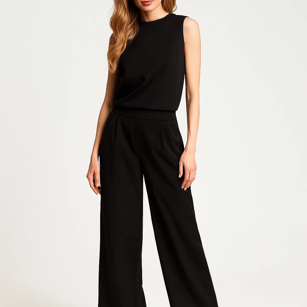 Macacão feminino elegante sem mangas com perna larga