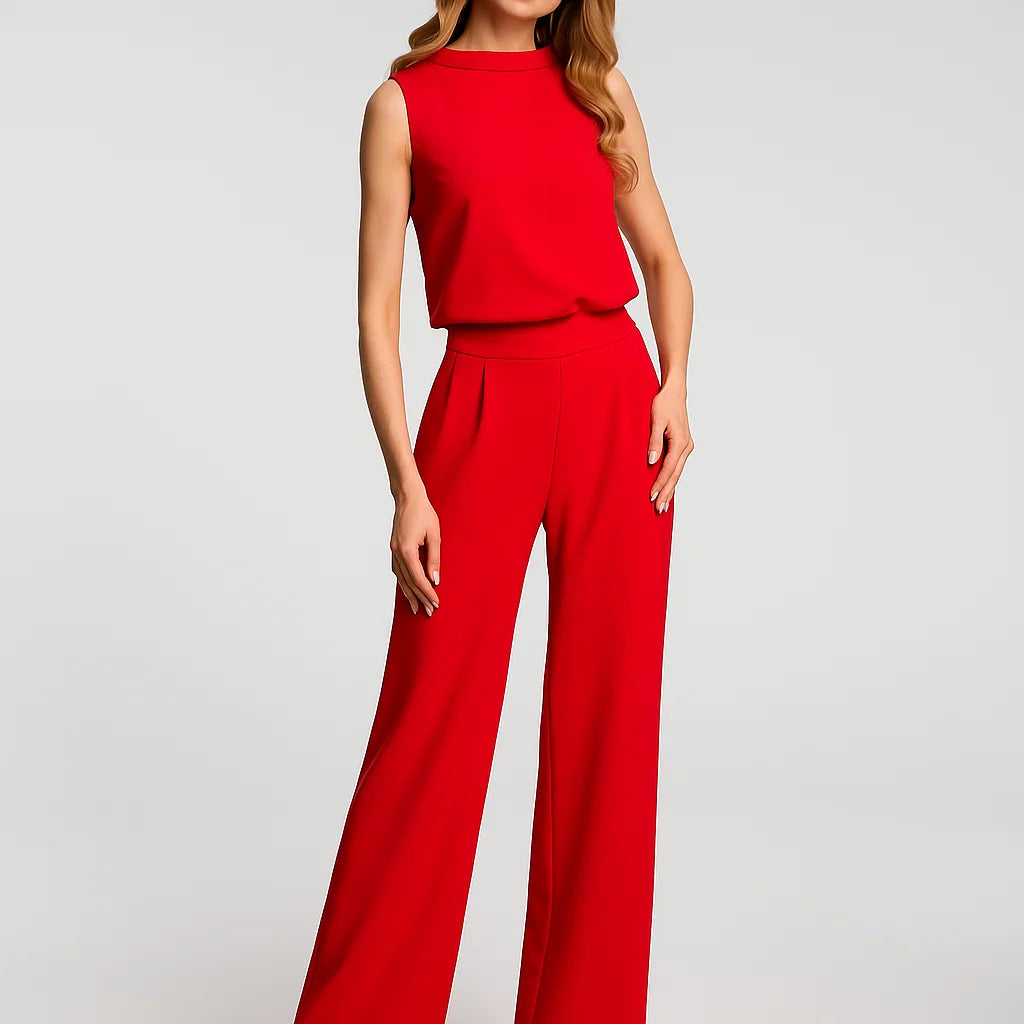 Macacão feminino elegante sem mangas com perna larga