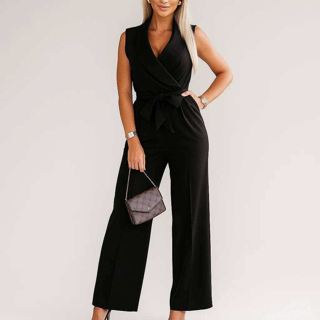 Macacão feminino elegante com laço e perna larga