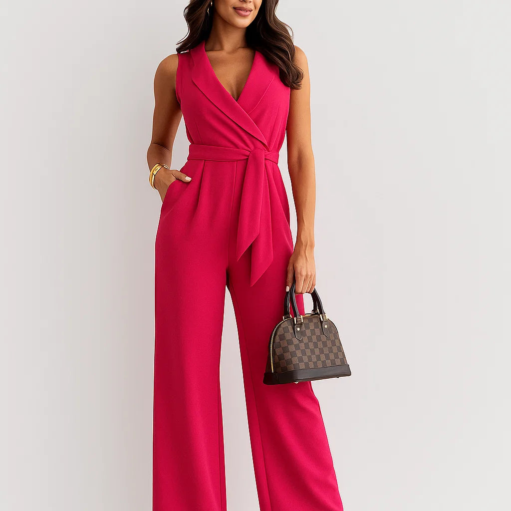 Macacão feminino elegante com laço e perna larga