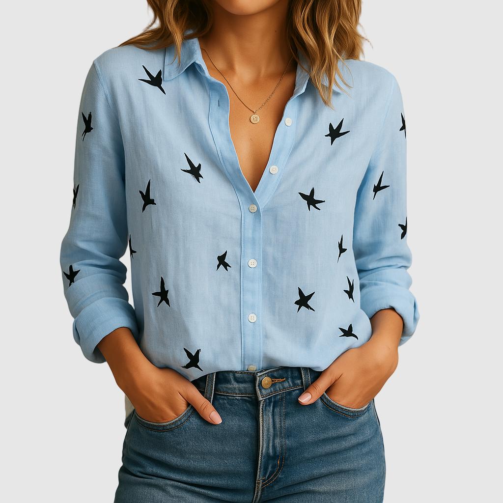 Blusa feminina em linho com corte solto e gola clássica