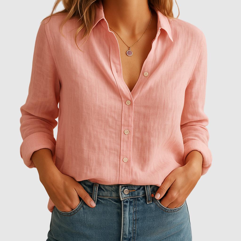 Blusa feminina em linho com corte solto e gola clássica