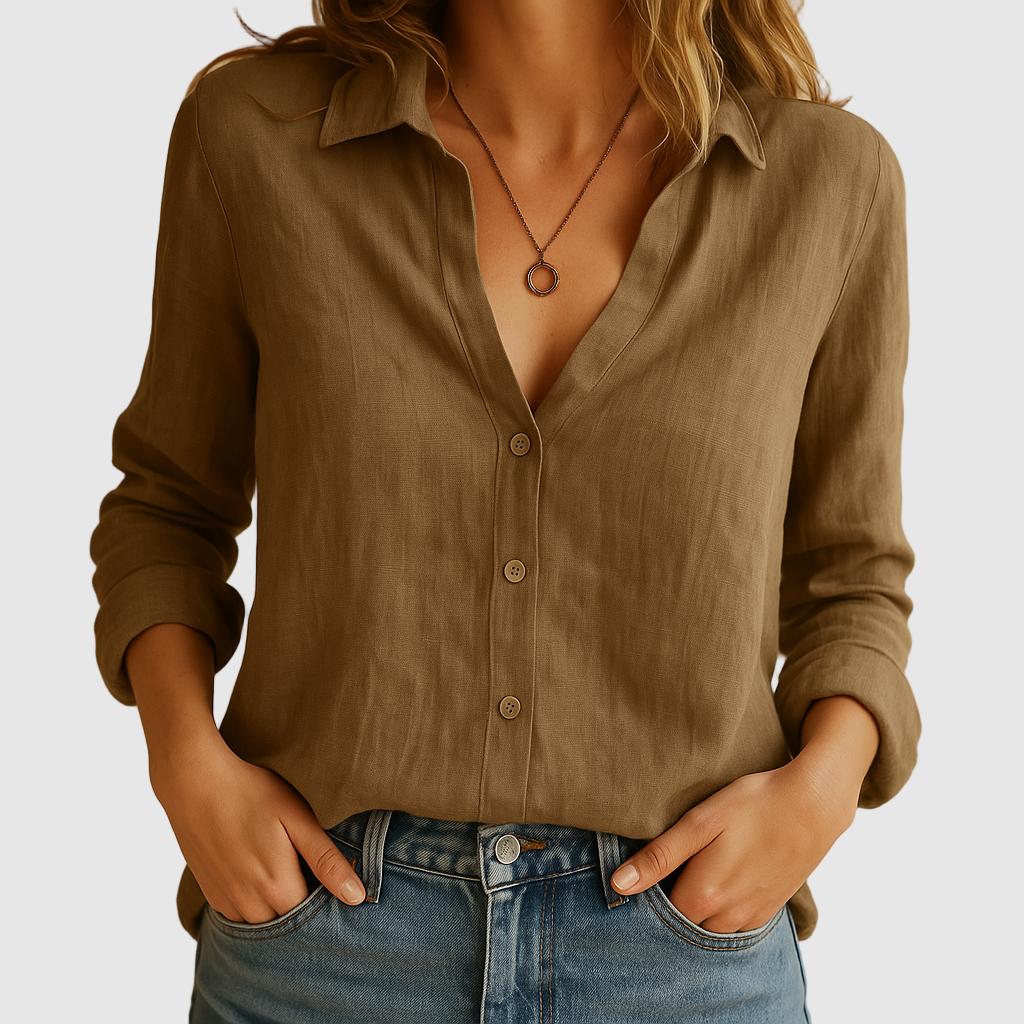 Blusa feminina em linho com corte solto e gola clássica