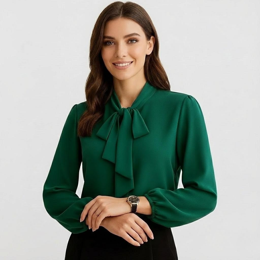 Blusa feminina elegante com laço no decote e manga comprida