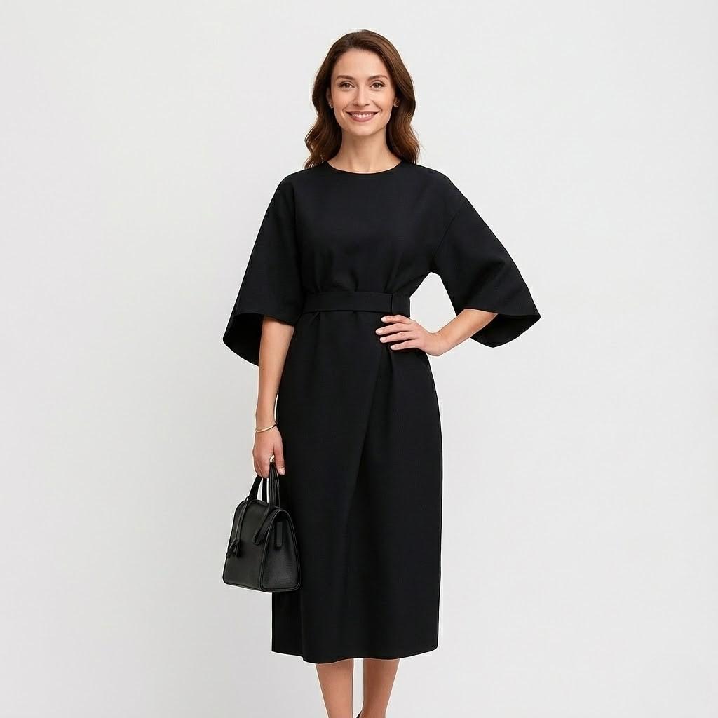 Vestido midi preto elegante com mangas amplas, cinto integrado e corte fluido, ideal para um look profissional sofisticado.