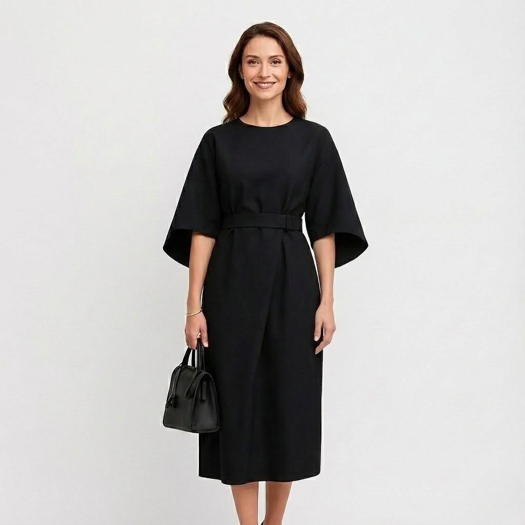 Vestido midi preto elegante com mangas amplas, cinto integrado na cintura e tecido estruturado, combinado com mala preta.