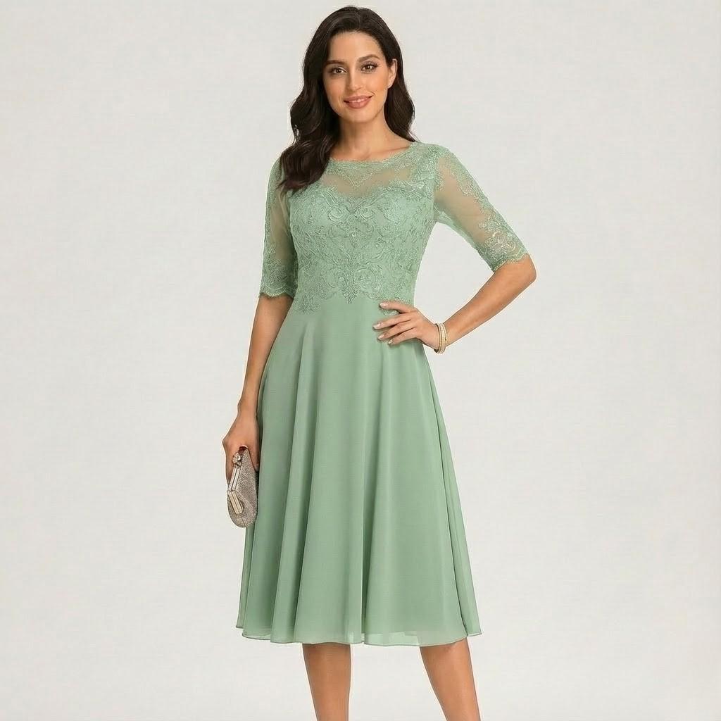 Vestido midi elegante de mulher com renda e manga três quartos