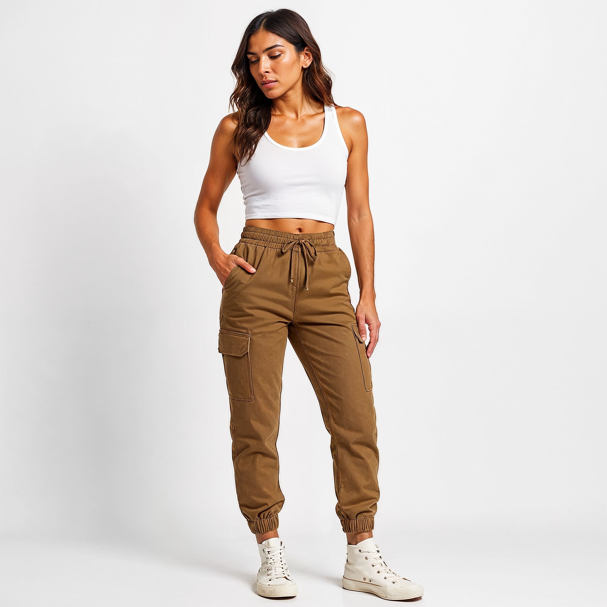 Calças cargo femininas com cintura alta