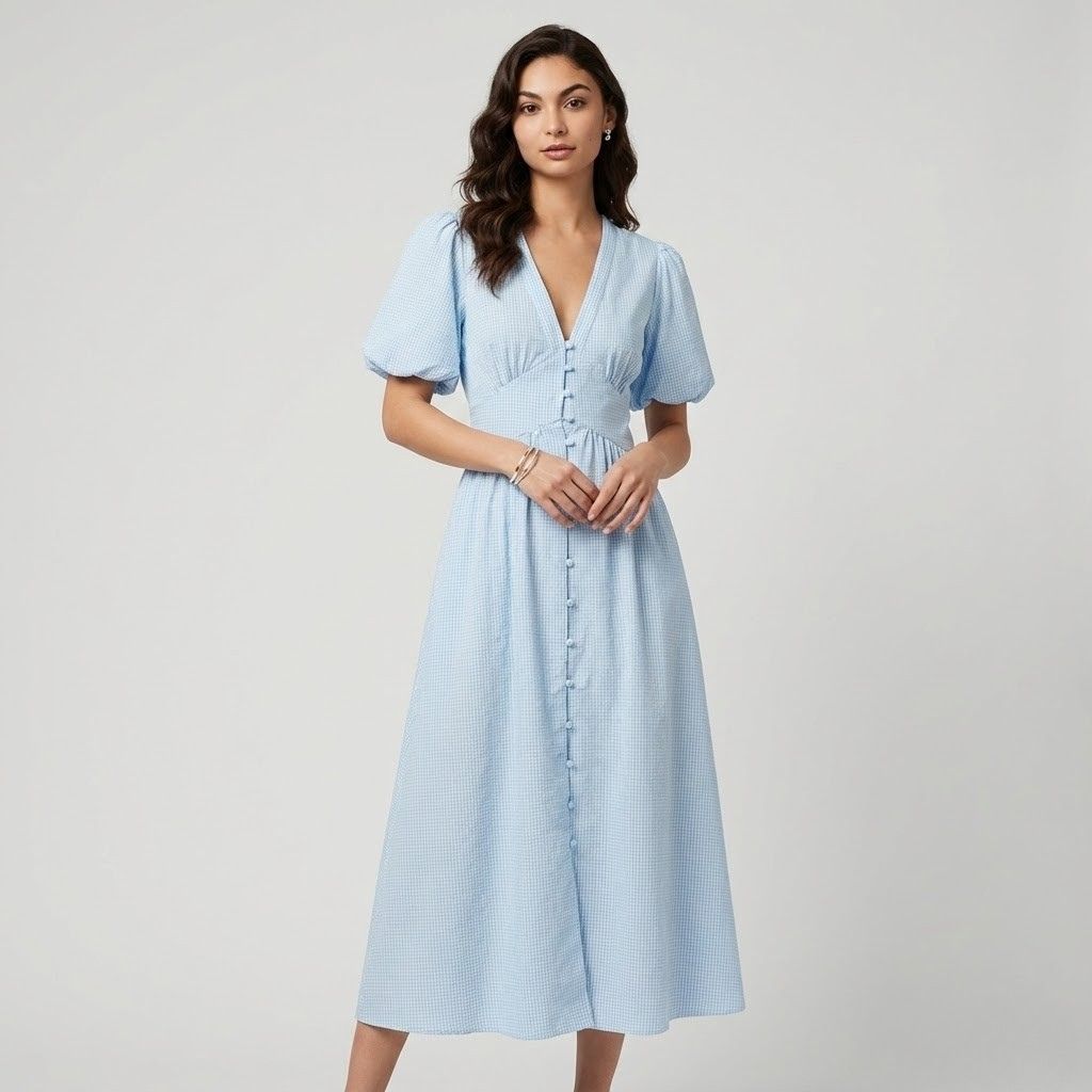 Vestido midi fluido em algodão suave | Cintura marcada | Elegância intemporal